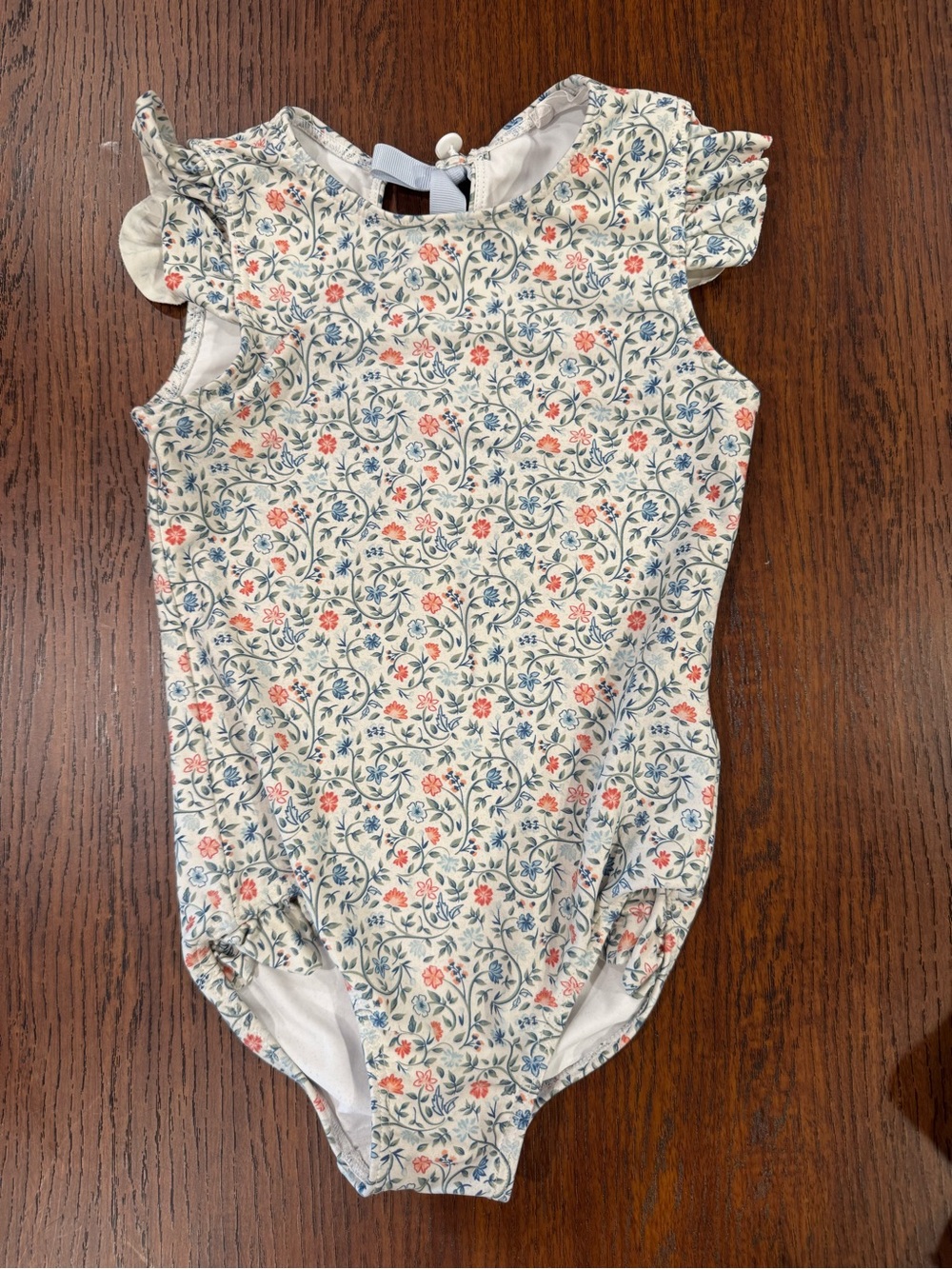 Girls' Floral Ruffle-Sleeve One-Piece Bodysuit - Minnow Cream with Blue & Coral